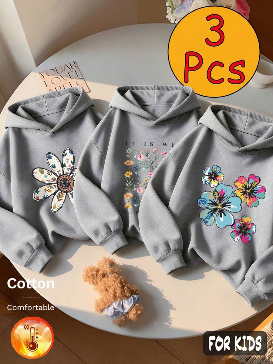 Autumn/Winter 3 Pieces Set Girls' Fleece Hooded Sweatshirt Grey Long Sleeve Colorful Floral Print Soft Y2K Style - Heather Gray+Heather Gray+Heather Gray - View 1