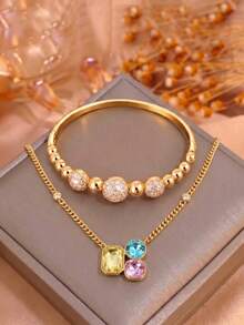 2pcs/Set Gold-Tone Stainless Steel Three-Color Gemstone Necklace & Pink Crystal Ball Zirconia Bracelet, Unique Matching Jewelry - Gold - View 9