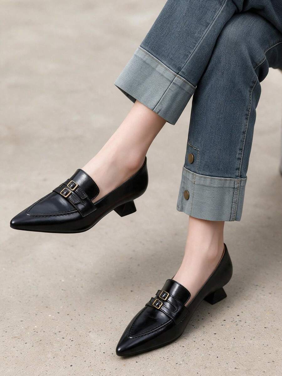 2026 Spring/Summer New Women's Pointed Toe Kitten Heel Mule Shoes, Commuter Comfortable Low Heel Sandals - Black - View 1