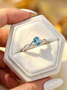 1pc Unique Egg-Shaped Light Blue Zirconia Cross Ring For Women And Girls, Date Party Gift, Ocean Star Ring - Baby Blue - View 7