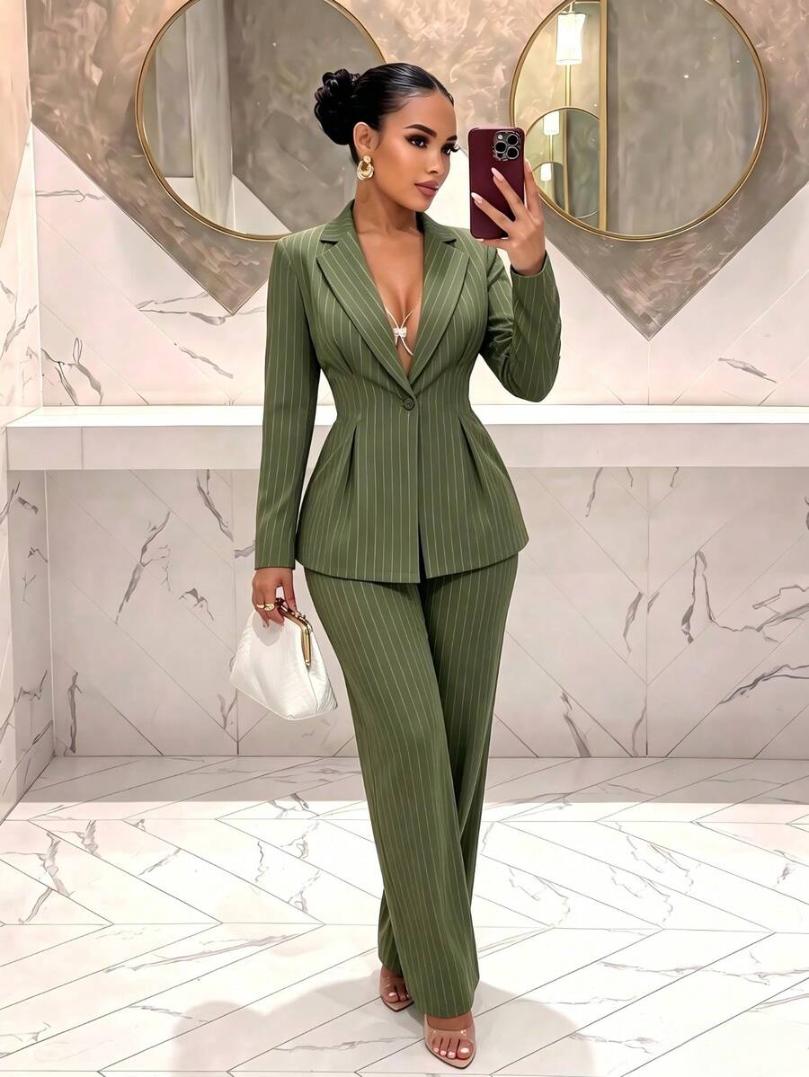 AIJ Amarilo Women's Autumn/Winter Lapel Padded Shoulder Striped Jacket And Wide Leg Pants With Pockets Suit 2 Pieces Set, Army Green, Suitable For Office Business Formal, Commute, Daily, Holiday Matching Set - Green - View 1