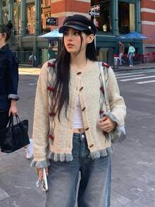 Casual Women's Long Sleeve Round Neck Cardigan, Argyle Pattern With Decorative Bows, Flared Rib-Knit Hem, Autumn Fashion - Grey - View 1