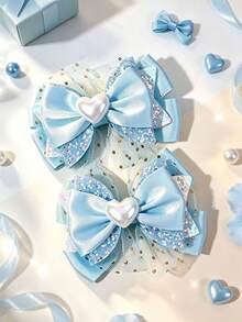 2pcs Blue Ribbon Bow Hair Clips, Blue Mesh Bow Alligator Clips, Shiny Sequin Hair Clips, Daily And Children's Hair Accessories - Blue - View 1