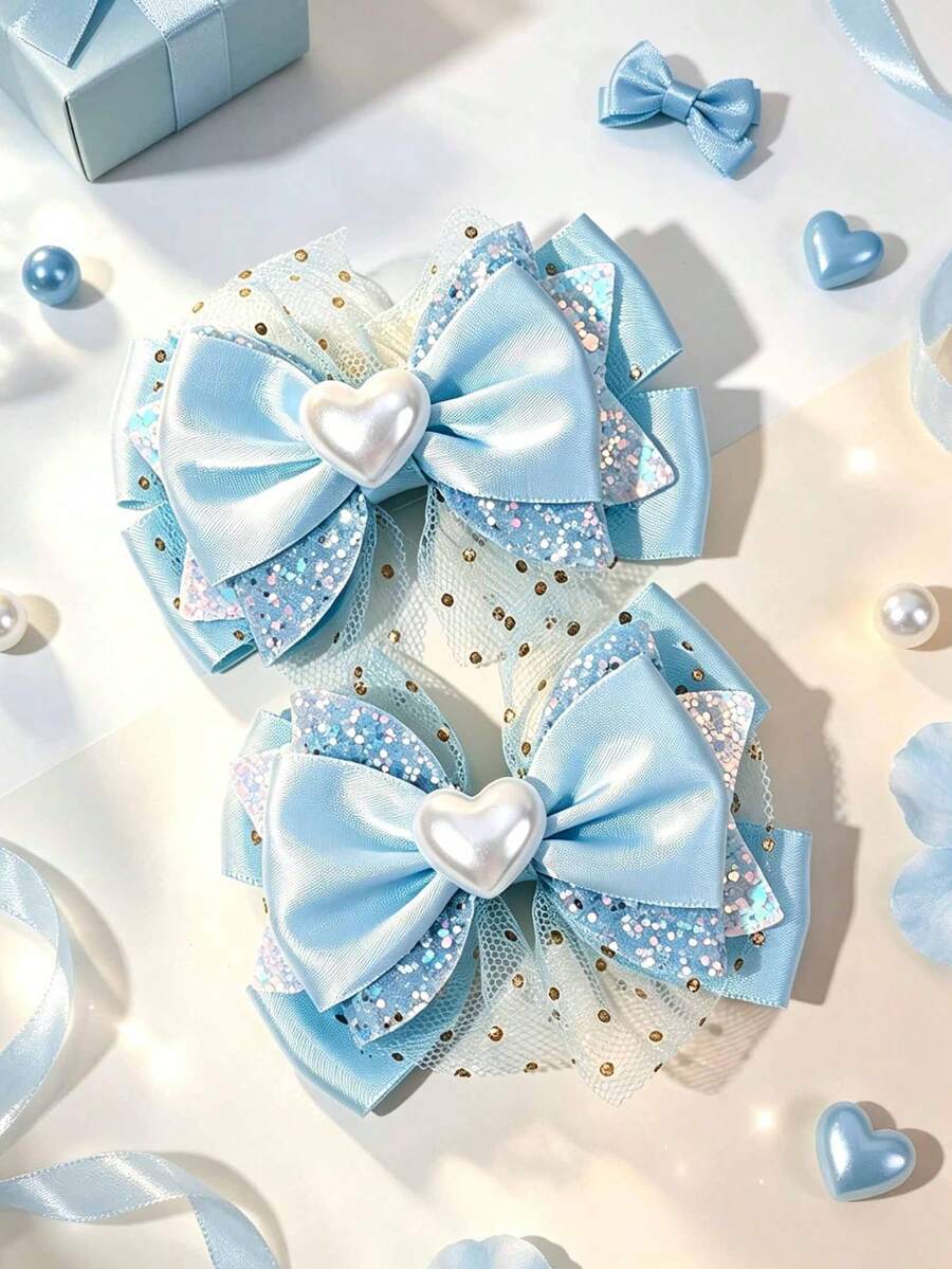 2pcs Blue Ribbon Bow Hair Clips, Blue Mesh Bow Alligator Clips, Shiny Sequin Hair Clips, Daily And Children's Hair Accessories - Blue - View 1