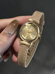 1pc Quartz Watch, Daily Wear, Casual Fashion, Simple Retro Style, PU Leather Strap Watch, Holiday Gift Selection - Khaki - View 2