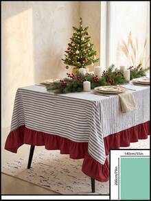 1pc Blue & White Striped Patchwork Red Bottom Edge Tablecloth, Country Vintage Style Rectangular With Red Ruffle Hem Decor, Protects And Beautifies Tabletop, Suitable For Christmas, Holiday And Winter Home Decor - Blue - View 12