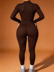 Women's Brown Solid Ribbed Front Zip Jumpsuit, Long Sleeve Slim Fit Full Length Cut, Suitable For Casual Daily Wear - Brown - View 2