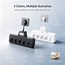 EU Wall Outlet Extender, 4 Schuko And 1 Euro AC Power Outlets With Independent Switches, Flexible Short Cable Plug Adapter With LED Night Light, Multi-Purpose Power Strip For Home Office, Black/White - Black - View 9