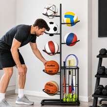 ERUIV 7-Tier Basketball Rack, Metal Ball Holder With Removable Support Bars And Side Basket, Sports Equipment Organizer For Basketball, Soccer And Volleyball, For Home, Garage And Gym, Black - Black - View 10