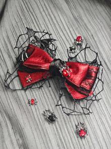 1pc Women's Red & Black Spider Bat Lace Hair Clip, Back Of Head Hair Accessory For Halloween Outfit And Party Wear - Black and Red - View 6