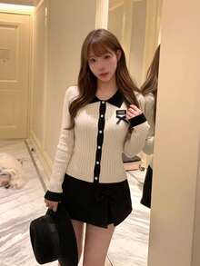 Sweet Y2K Contrast Color Bow Ribbed Knit Cardigan Women's Long Sleeve Slim Fit Cropped Sweater Top, Suitable For Summer Vacation, Back To School Casual Wear - Apricot - View 4