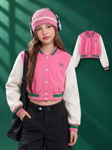 Girls' Energetic Spring/Autumn/Winter Short Baseball Jacket With Contrast Color Bow Embroidery, Sweet And Cute Jacket - Pink - View 1