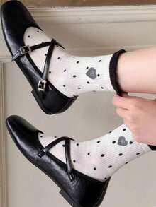 5 Pairs Fashion Women Polka Dot Mid-Calf Socks, Ruffle Cuff Heart & Bow Daily Casual Versatile Mid-Calf Socks - Multicolor - View 6