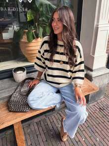 Women's New Autumn Colorblock Striped Knit Top, Casual Daily Commute Preppy Style - White Apricot Paired With Black - View 4