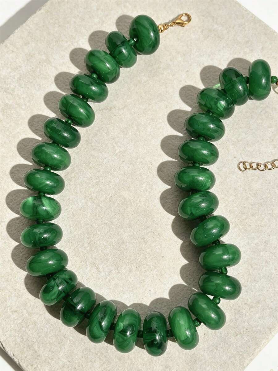 1pc Vintage Dark Green Beaded Necklace, Elegant Luxury Charming Women's Collarbone Chain Necklace - Multicolor - View 1