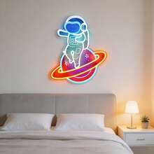 Space Theme LED Neon Light Astronaut Riding Earth - Perfect For Kids Room Or Space Enthusiasts - USB Powered, Button Control, Wall Mountable - Multi-color - View 2