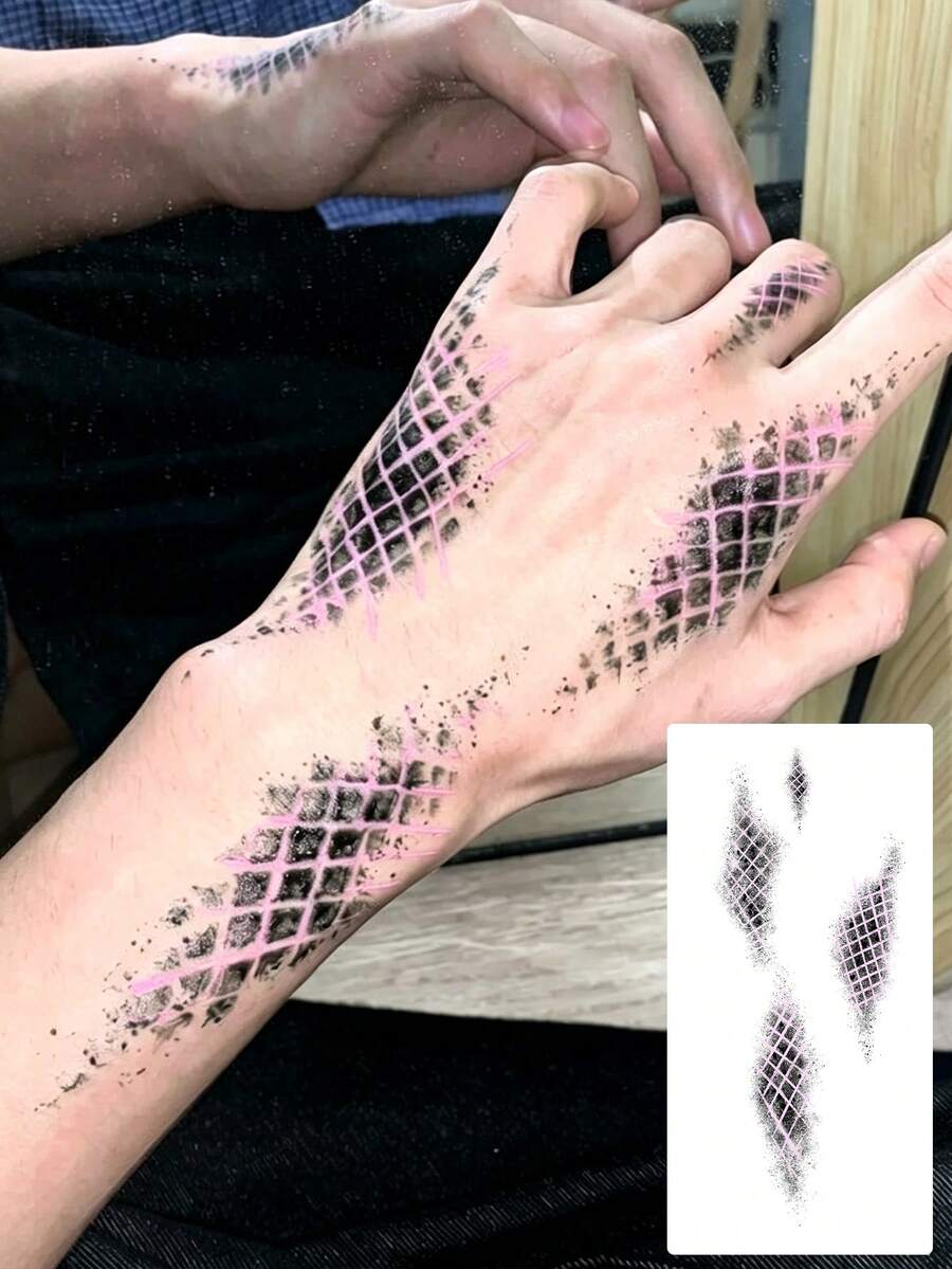 1 Sheet Pink Black Grid Mesh Temporary Tattoo, Grunge Distressed Net Pattern Fake Tattoo Stickers For Hand Wrist, Water Transfer Body Art Tattoo For Halloween Party Decor - Multicolor - View 1