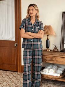 Women's Plaid Print Contrast Trim Notch Collar Short Sleeve Button Front Top + Straight Leg Pants 2-Piece Pajama Set - Multicolor - View 3
