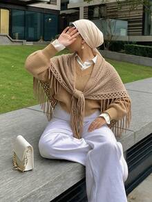 1PC Women's Autumn/Winter New Solid Color Triangle Tassel Knit Scarf Shawl - Camel - View 4