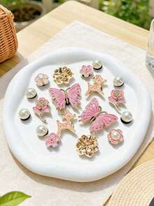 18pcs Gold Pink Shoe Charms (Butterfly, Flower, Deer) Suitable For Shoes With Holes DIY Decoration, Perfect Gift Choice - Gold Pink - View 5