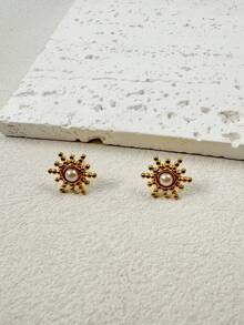 1 Pair/Fashionable Vintage Stainless Steel 18K Gold Plated Geometric Flower Stud Earrings Suitable For Women's Daily, Workplace, Commute, Dating, Gathering Jewelry - 34285-ear-g - View 5