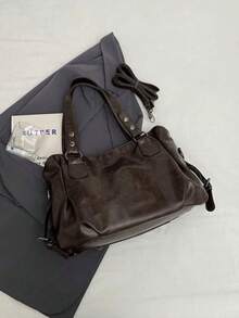 Tas jinjing dengan hiasan paku keling dan jahitan kontras, kapasitas besar, penutup resleting, gaya vintage Amerika yang usang, cocok untuk bepergian, jalan-jalan sehari-hari, dan wanita muda. - Kopi - View 5