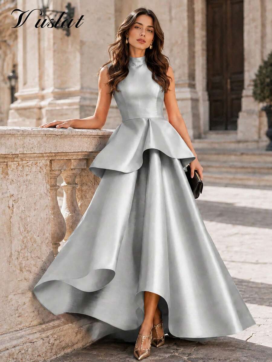Vuslat Women's Autumn Stand Collar Sleeveless Layered Ruffle Fishtail Long Dress, Suitable For Banquet, Graduation Ceremony, Party, Birthday - Silver - View 1