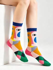 1 Pair Women Abstract Cubism Face Print Crew Socks, Color Block Art Geometric Pattern Mid Calf Socks, Fashion Casual Novelty Socks For Daily Wear - Multicolor - View 3