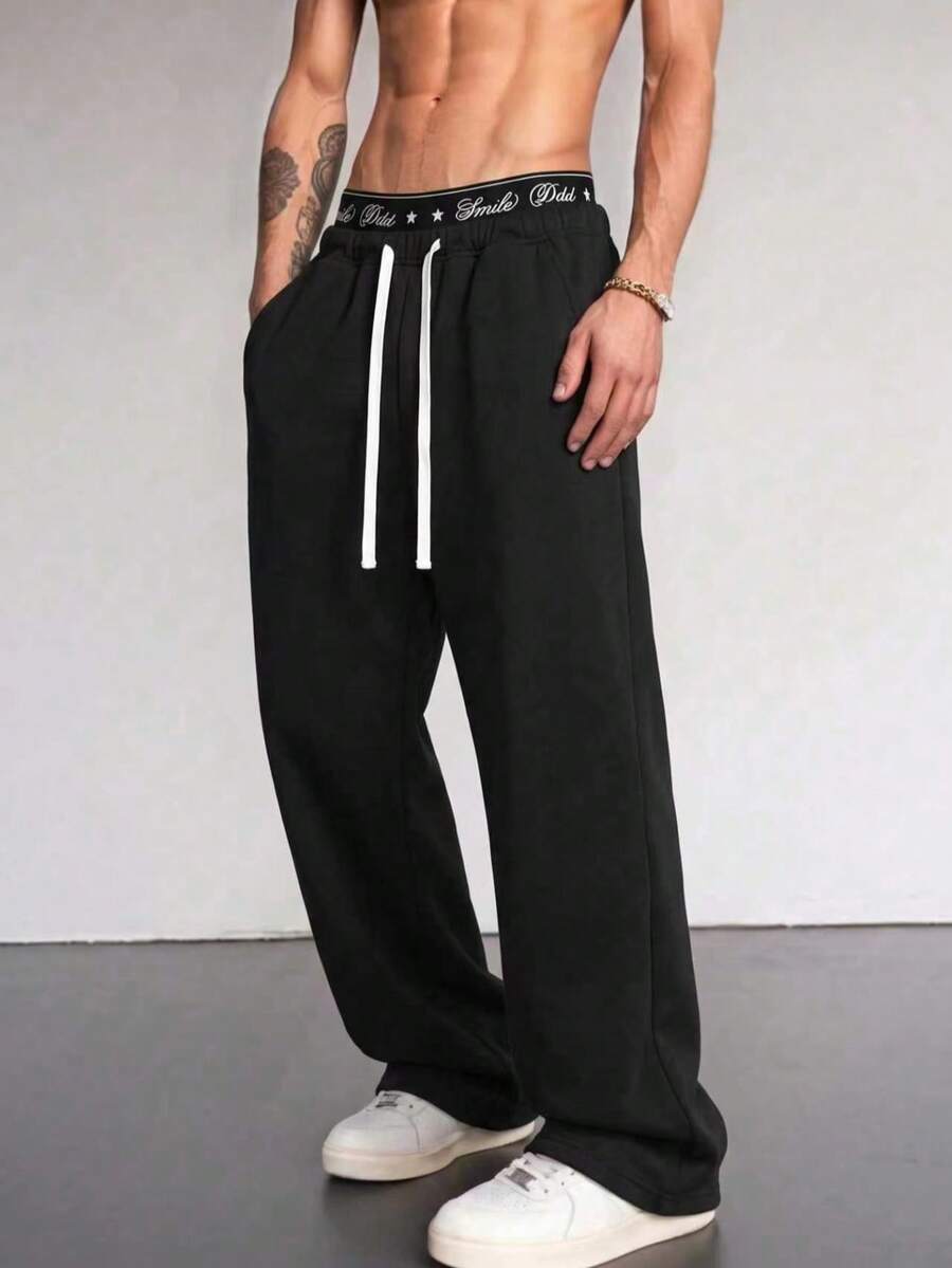Celana Jogger Pria Gaya High Street dengan Ikat Pinggang Huruf, Warna Polos, Potongan Lebar, Minimalis, Serbaguna, Longgar, Potongan Lurus, Model Draping, Warna Abu-abu Muda - Hitam - View 1