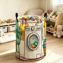 Cartoon Washing Machine Printed Laundry Basket, Foldable Storage Bin, Cute Hand-Drawn Laundry Room Pattern Laundry Basket, Suitable For Toys, Dirty Clothes, And Bedroom Decoration - Multicolor - View 1