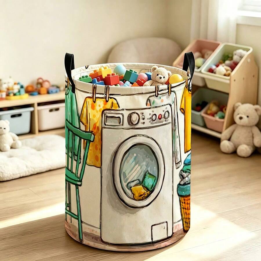 Cartoon Washing Machine Printed Laundry Basket, Foldable Storage Bin, Cute Hand-Drawn Laundry Room Pattern Laundry Basket, Suitable For Toys, Dirty Clothes, And Bedroom Decoration - Multicolor - View 1
