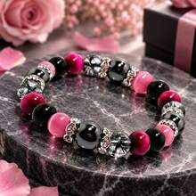 Pulsera de mujer con cuentas negras y rosa, cuentas brillantes y cuentas transparentes con textura con espaciadores de plata, significado de amor y amor propio, tema de amuleto de protección de la suerte, regalo de joyería elegante para uso diario - Multicolor - Ver 4