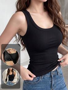Solid Color U-Neck Ribbed Tank Top With Built-In Pads, Wide Strap Slim Fit Sleeveless Basic Top, Casual Everyday Home Inner Wear Camisole - Black - View 2