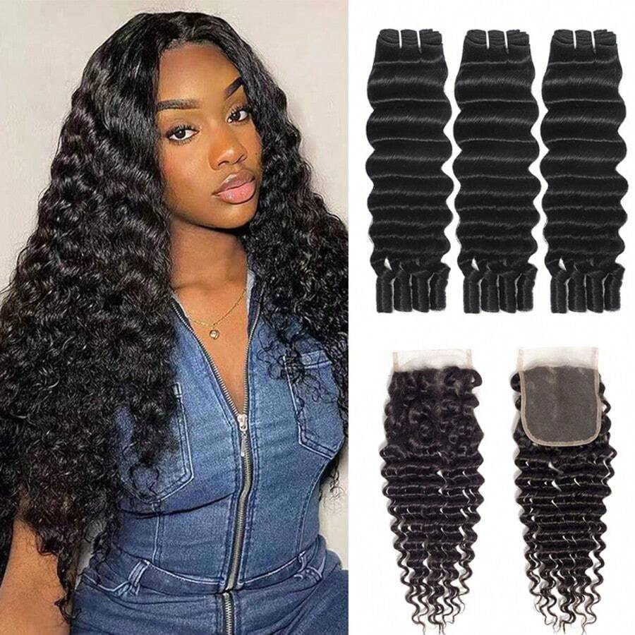 VALLBEST Deep Burmese Curly Bundles Human Hair With 4x4 HD Lace Closure Plucked 16 18 20Inch+14 In Deep Wave Bundles 100% Unprocessed Virgin Hair Sew In Human Hair Bundles Double Weft With Spiral End Human Hair Extensions Natural Black - Natural Black - View 1