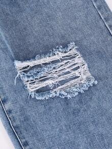 Tween Girl Elastic Waistband Dual Pockets Fashion Distressed Casual Loose Straight Leg Denim Jeans - Blue - View 5