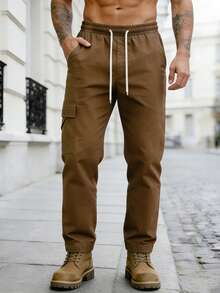 Men's Casual Sports Pants, Outdoor Durable Straight Leg Cargo Pants With Multiple Pockets, Suitable As Gift For Husband, Father, Friends - بني - مشاهدة 1