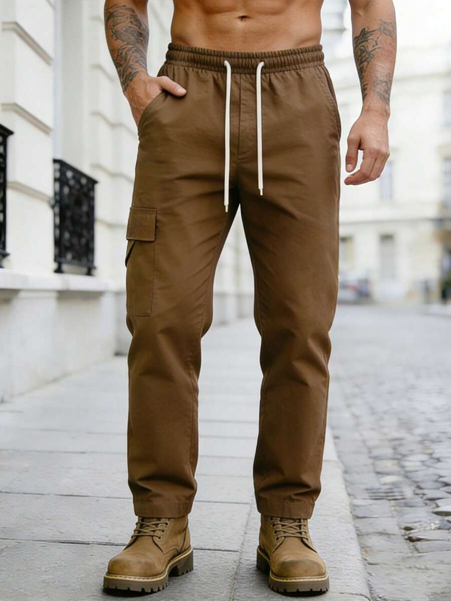 Men's Casual Sports Pants, Outdoor Durable Straight Leg Cargo Pants With Multiple Pockets, Suitable As Gift For Husband, Father, Friends - بني - مشاهدة 1