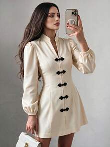 2026 Solid Color Woven Fabric Faux Button Bow Dress For Evening Date, College, Vacation, Spring/Summer - Apricot - View 2