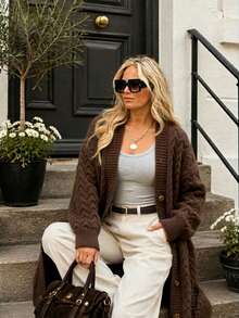 NZZOF Women's Solid Color V-Neck Long Knit Cardigan Single-Breasted Casual Loose Sweater Jacket - Coffee Brown - View 5