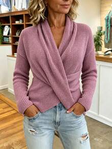 Women's Elegant Plain-Coloured Cross-Over Design Fall Sweater - Pink - View 7