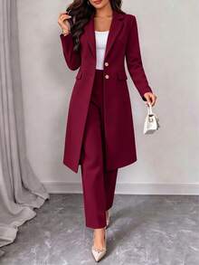 Women's Spring/Autumn Elegant Commute 2 Pieces Set, Long Waist-Cinching Vintage British Design Faux Pocket Button Detail Blazer Coat Paired With Simple Casual Straight-Leg Long Pants - Wine Red 18 - View 2