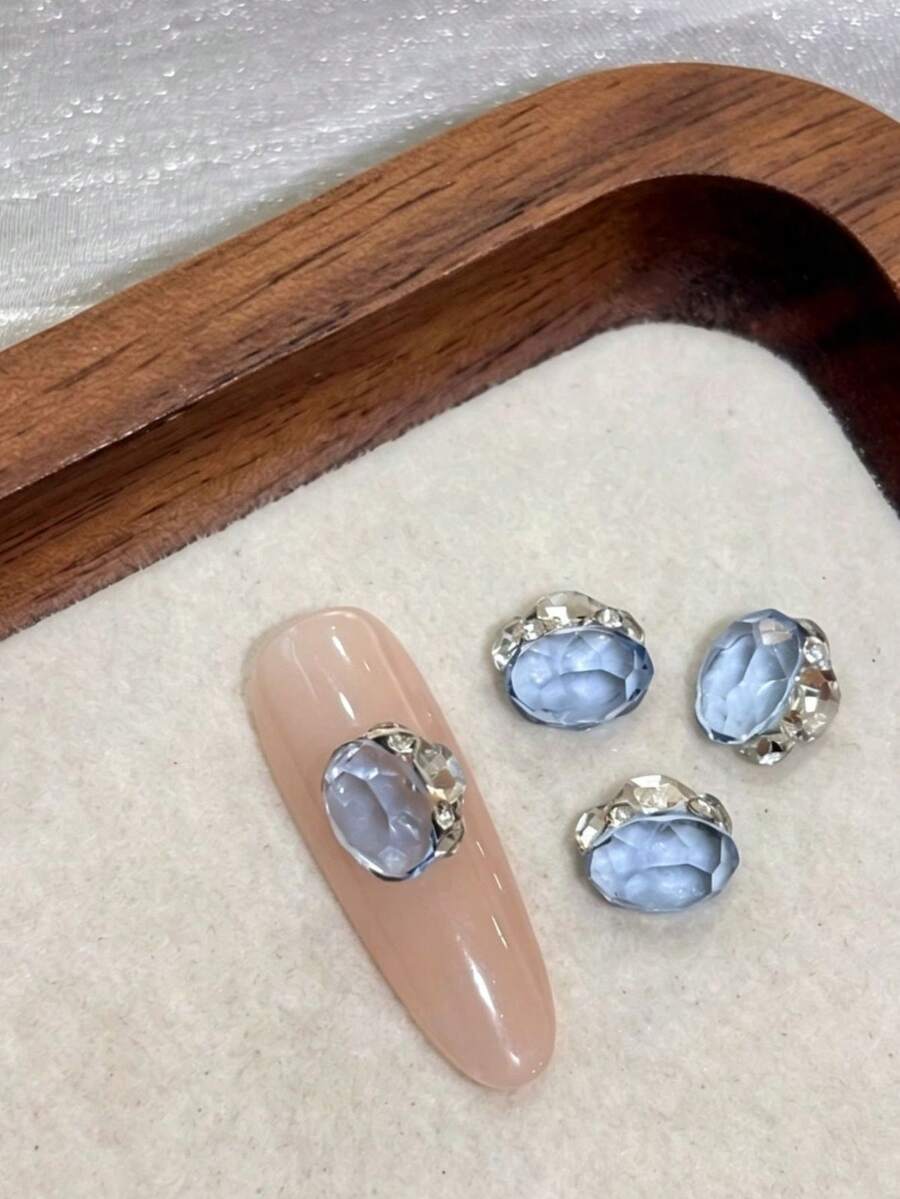2pcs Fall Autumn Nails New Light Blue Oval Border Large Nail Art Rhinestones 3D Full Glossy Transparent Luxury High-End Salon Style - Multicolor - View 1