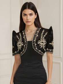 Modern Filipiniana Women's Spring/Summer Floral Print Ruffle Puff Sleeve Cropped Cardigan, Black Party Wedding - Black - View 1