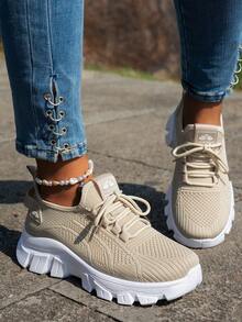 Women's Breathable Mesh Chunky Sneakers, Thick Sole Height-Increasing, Suitable For Daily Shopping, Outdoor Walking, Commuting And Fitness - Beige - View 3