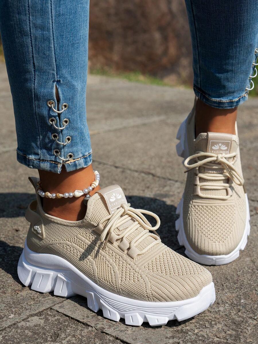 Women's Breathable Mesh Chunky Sneakers, Thick Sole Height-Increasing, Suitable For Daily Shopping, Outdoor Walking, Commuting, Fitness Walking - Beige - View 1