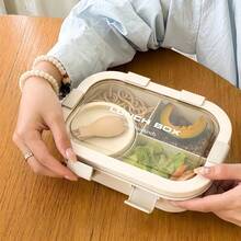 1pc 3-Compartment Lunch Box With Utensils, Student Lunch Box, Square Microwave Food Container, Perfect For School Lunch, Kitchen Storage And Accessories, Includes Lunch Box, Insulated Bag, Breakfast Cup, Water Cup, Suitable For Light Meals, Work, School, Outdoor Travel, Divided Lunch Box, Christmas, Valentine's Day - Multicolor - View 4