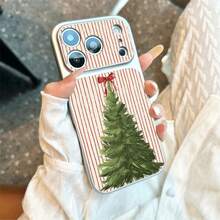 1pc TPU Material Vintage Striped Christmas Tree & Bow Pattern Phone Case Compatible With IPhone 17 Pro Max/17/16 Pro Max/15/14/13/12/11 Full Coverage Anti-Drop Soft Shell Protective Cover - Silver - View 2