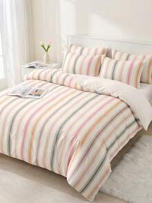 2/3 Piece Bedding Set, Home Textile, Minimalist Style, Pink & Green Striped, Comfortable & Breathable Bedding Set, Soft & Anti-Pilling, No Comforter Insert, Suitable For All Sizes Of Large And Small Beds, All Season, Indoor Decor - Multicolor - View 5