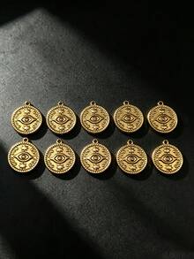 5/10pcs European & American Style Evil Eye Round Pendant, 18K Gold Stainless Steel Distressed Gold Star Embossed Coin, DIY Necklace Earring Jewelry Accessories - Yellow Gold - View 6
