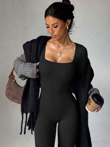 Ribbstickad långärmad jumpsuit för kvinnor, magkontroll, rumplyft, elastisk, slimning, formande, basic baslager-topp - Svart - Visa 3